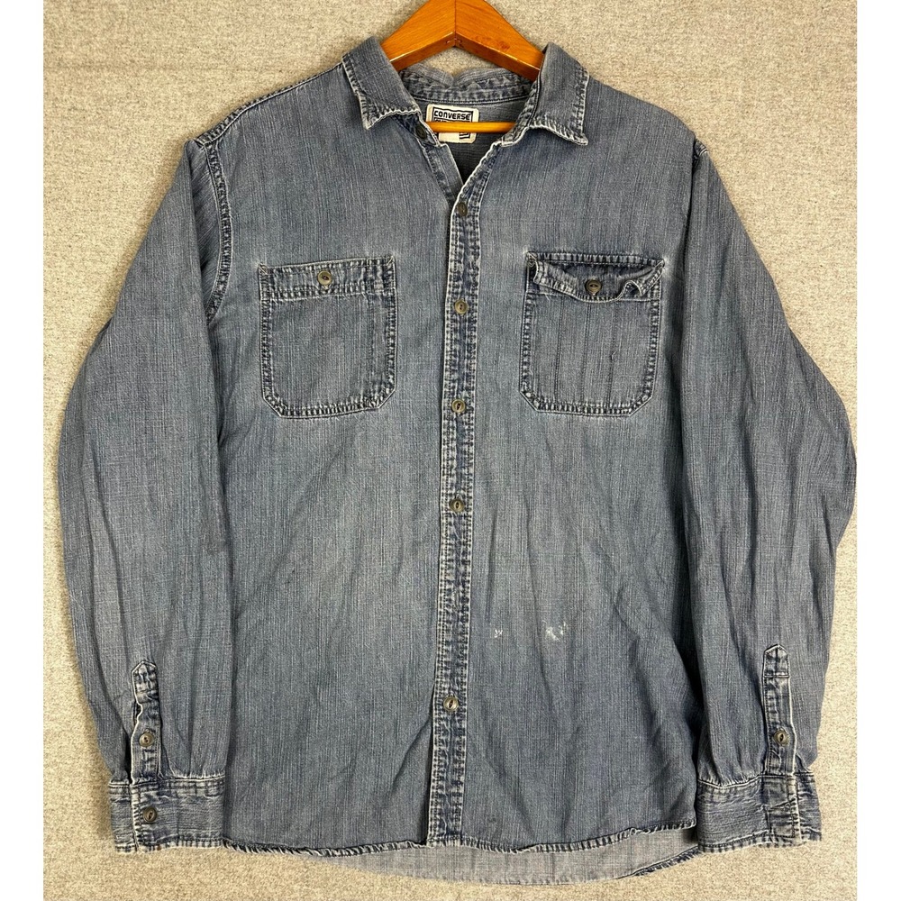 Vintage Converse Denim Shirt XL Blue Button Down Metal Buttons Long Sleeve